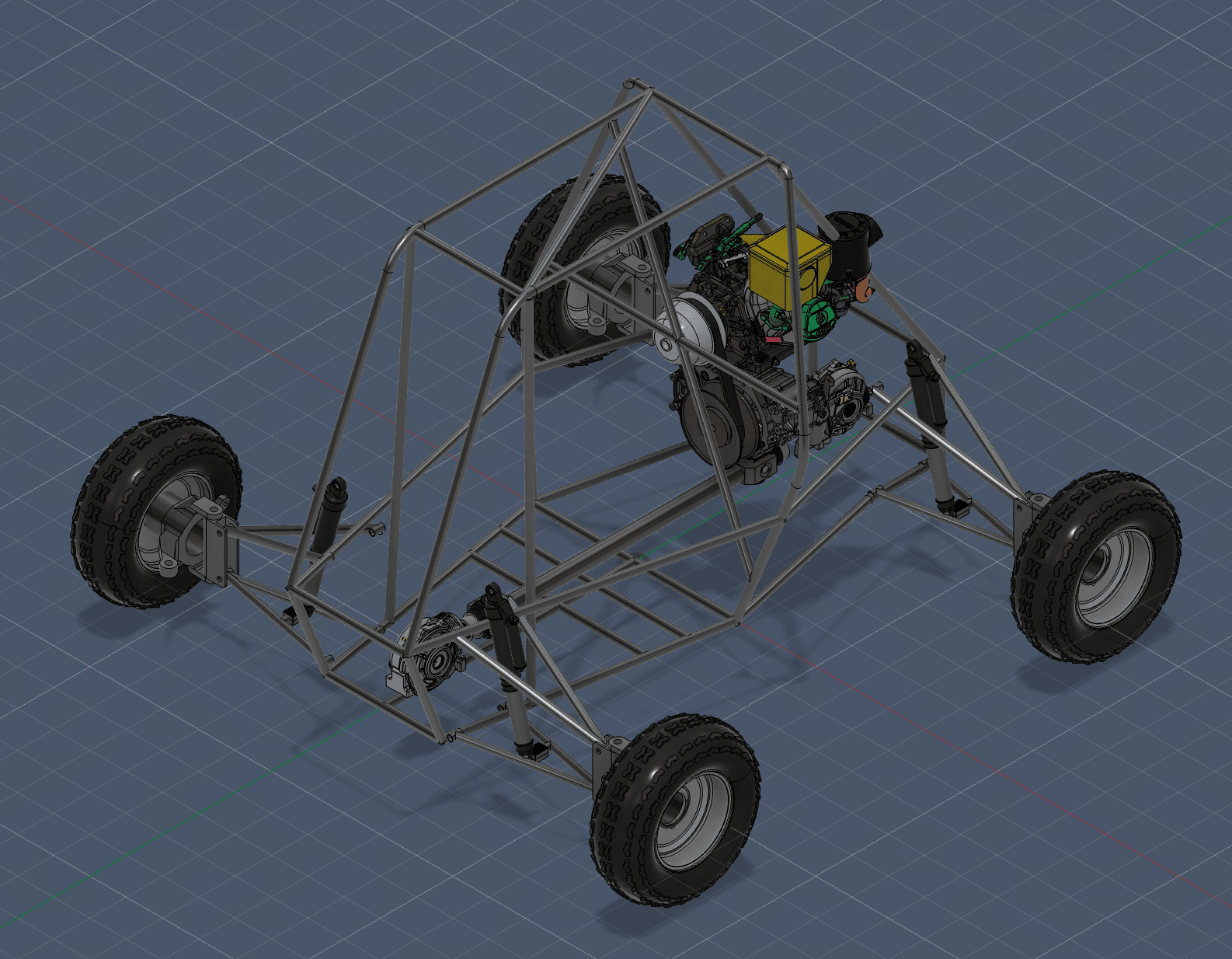 Full vehicle CAD assembly in Fusion 360, isometric view showing double A-arm suspension at all four corners