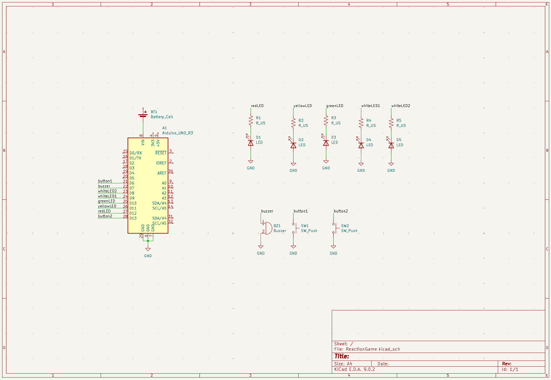 KiCad schematic showing Arduino Uno, five LEDs with resistors, buzzer, and two push buttons
